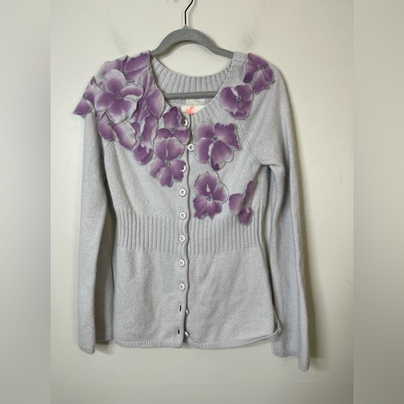 Anthropologie Precious Peony Floral Embellished Cardigan sweater Cashmere Rabbit - Picture 3 of 11